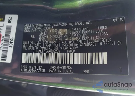 2010 Toyota Tundra Grade 4.6L V8 z USA, uszkodzony, nr VIN 5TFUM5F15AX009238